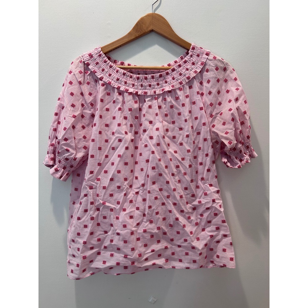 Ann Taylor Blouse Women Size M Pink Striped Floral Smocked Ruffle Puff Sleeve